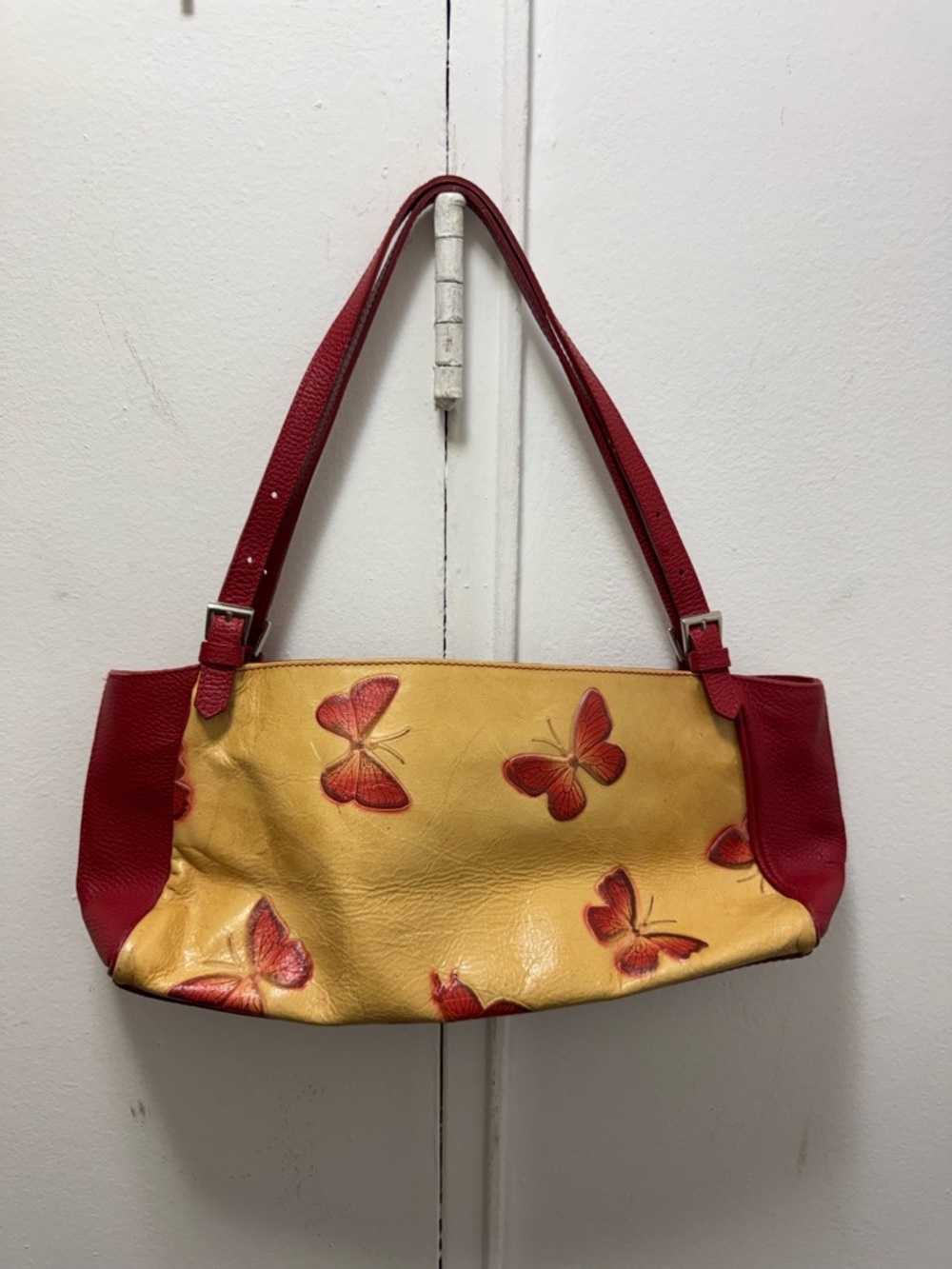 Claudia Firenze Italian Yellow & Red Butterfly Leather East West Shoulder Bag